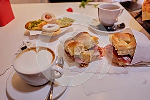 Traditional Italian focaccia. light Italian breakfast in a cafe