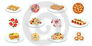 Traditional italian food. Cartoon restaurant menu with cheese pizza, olive oil and tomatoes. Vector graphic of