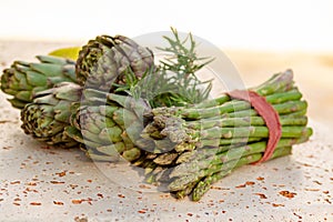 Traditional Italian food, fresh sprouts on Italian green asparagus vegetable and artichoke buds, new harvest on organic farm