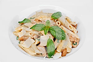 Traditional Italian food pasta with chicken slices, Parmesan cheese and basil leaves