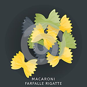 Traditional italian kitchen. Macaroni colored farfalle rigatte, pasta. Icon isolated on dark background. Vector