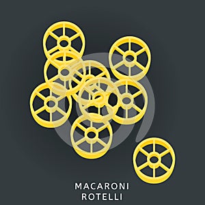 Traditional italian kitchen. Macaroni rotelle, ruote, wagon wheels, pasta. Icon isolated on dark background. Vector