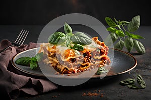 Traditional Italian lasagna bolognese with minced meat, tomato sauce and basil on a black plate
