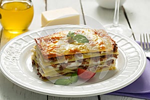 Traditional Italian lasagna made with minced beef. Close up shot