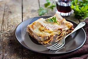 Traditional italian lasagna with minced beef bolognese sauce