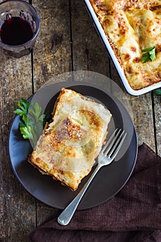 Traditional italian lasagna with minced beef bolognese sauce