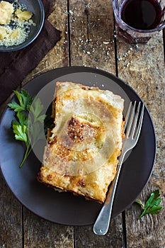 Traditional italian lasagna with minced beef bolognese sauce