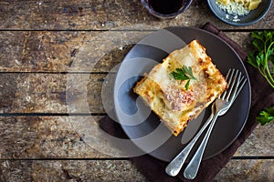 Traditional italian lasagna with minced beef bolognese sauce