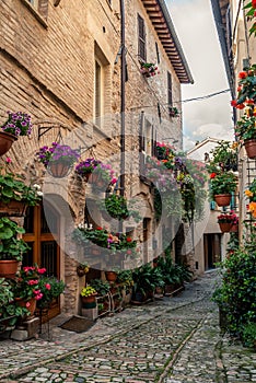 Traditional italian medieval alley and buildings in the historic center of beautiful town of Spello, in Umbria Region, Italy