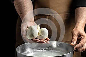Traditional Italian mozzarella in hand. Cheesemaker, showing freshly made mozzarella