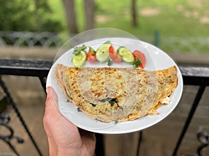 Traditional Italian pancakes crepes with spinach, ricotta and salad