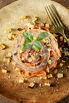 Traditional Italian pasta with eggplant and tomato sauce