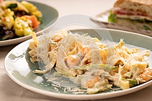 Traditional Italian pasta fettuccine or tagliatelle with shrimps and zucchini in creamy sauce in a plate. Italian food