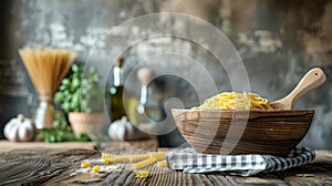 traditional italian pasta-making scene with an empty bowl, wooden spoon, and checkered napkin in a rustic kitchen evokes photo