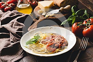 Traditional italian pasta spaghetti with tomato sauce and shrimps