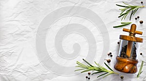 traditional italian pepper shaker and green organic rosemary leaves on white culinary paper background. Ingredient, spice for