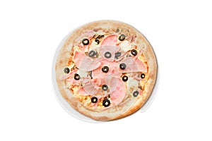 Traditional Italian pizza with ham and olives isolated on white background for menu