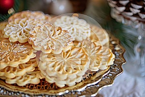 Traditional Italian pizzelle waffle cookies on white wooden background