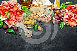 Traditional Italian products - prosciutto crudo or spanish jamon, cheese, olives photo