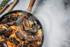 Traditional italian seafood pasta with mussels, Spaghetti and tomato sauce. White background. Top view. Copy space