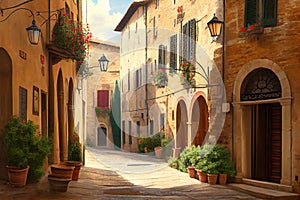 traditional italian small village, old town street , ai generative