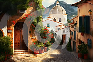 traditional italian small village, old town street , ai generative