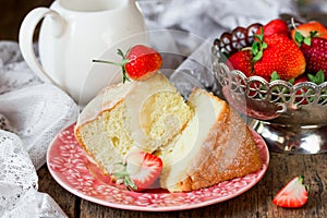 Traditional Italian sponge cake pan di spagna with strawberry an photo