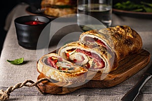 Traditional Italian Stromboli stuffed with cheese, salami, red pepper and spinach. Photo in a dark style.
