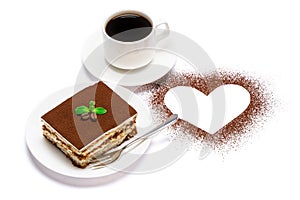 Traditional Italian Tiramisu square dessert portion on ceramic plate, cup of fresh hot espresso coffee and heart shape