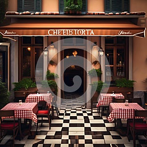 A traditional Italian trattoria with outdoor seating, checkered tablecloths, and delicious food Authentic and charming ambiance5