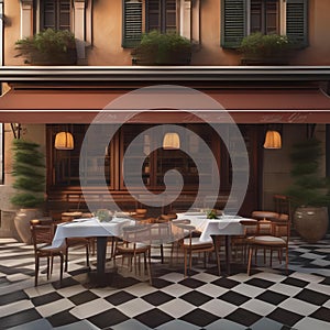 A traditional Italian trattoria with outdoor seating, checkered tablecloths, and delicious pasta dishes Authentic and inviting a