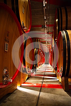 Traditional Italian winery in the Region of Lombardy, Italy. Wine cellar and wooden barrel
