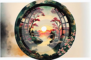 Traditional Japanese Asian garden through a round window