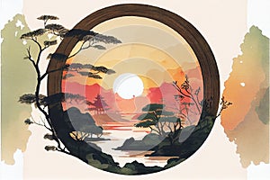 Traditional Japanese Asian garden through a round window