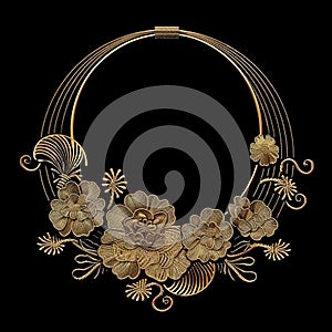 Traditional japanese chinese gold embroidery 3d neckline with bloom textured flowers, lines. Beautiful jewelry necklace ornament.