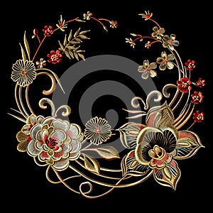 Traditional japanese chinese style embroidery colorful 3d neckline with bloom textured flowers, gold stitching lines. Beautiful