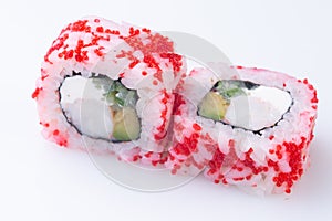 traditional Japanese cuisine. japanese sushi isolated on white background. maki sushi with shrimp salmon soft cheese (