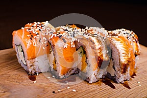 Traditional Japanese cuisine. Sushi restaurant menu. Rolls maki with tuna, eel and avocado