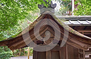 Traditional Japanese cypress bark roof in Buddhist and Shinto shrine in Kyoto. Japan