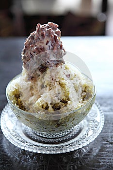 Traditional Japanese Dessert , A Bowl of Red Bean Sweet with red ice