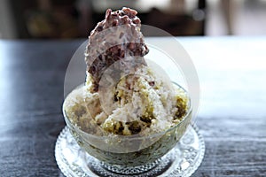 Traditional Japanese Dessert , A Bowl of Red Bean Sweet with red ice