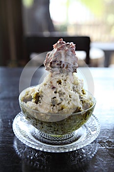 Traditional Japanese Dessert , A Bowl of Red Bean Sweet with red ice