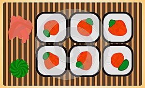 Traditional japanese dinner meal rice roll sushi set with wasabi and ginger. Colorful vector illustration fresh gourmet