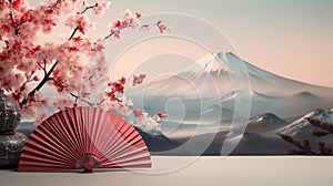 Traditional Japanese fan sensu, pink blossom with Fujiyama mountain background