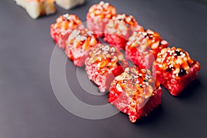 Traditional japanese food, Mix colorful sushiSet of different kinds of sushi rolls with salmon, shrimp and vegetables