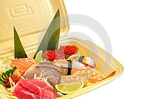 Traditional japanese food sushi. sushi delivery in thermo box. set of sushi, nigiri and maki. delicious dinner or lunch