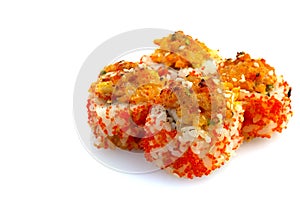 Traditional japanese food sushi. tempura sushi maki with shrimp and avocado isolated on white background