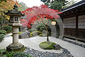 Japanese garden with lantern and red-maple tree photo
