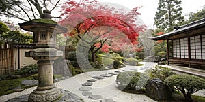 Japanese garden with lantern and red-maple tree photo