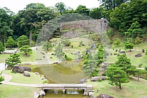 Traditional Japanese Garden at Kanazawa Castle Park in Kanazawa, Ishikawa, Japan. a famous historic